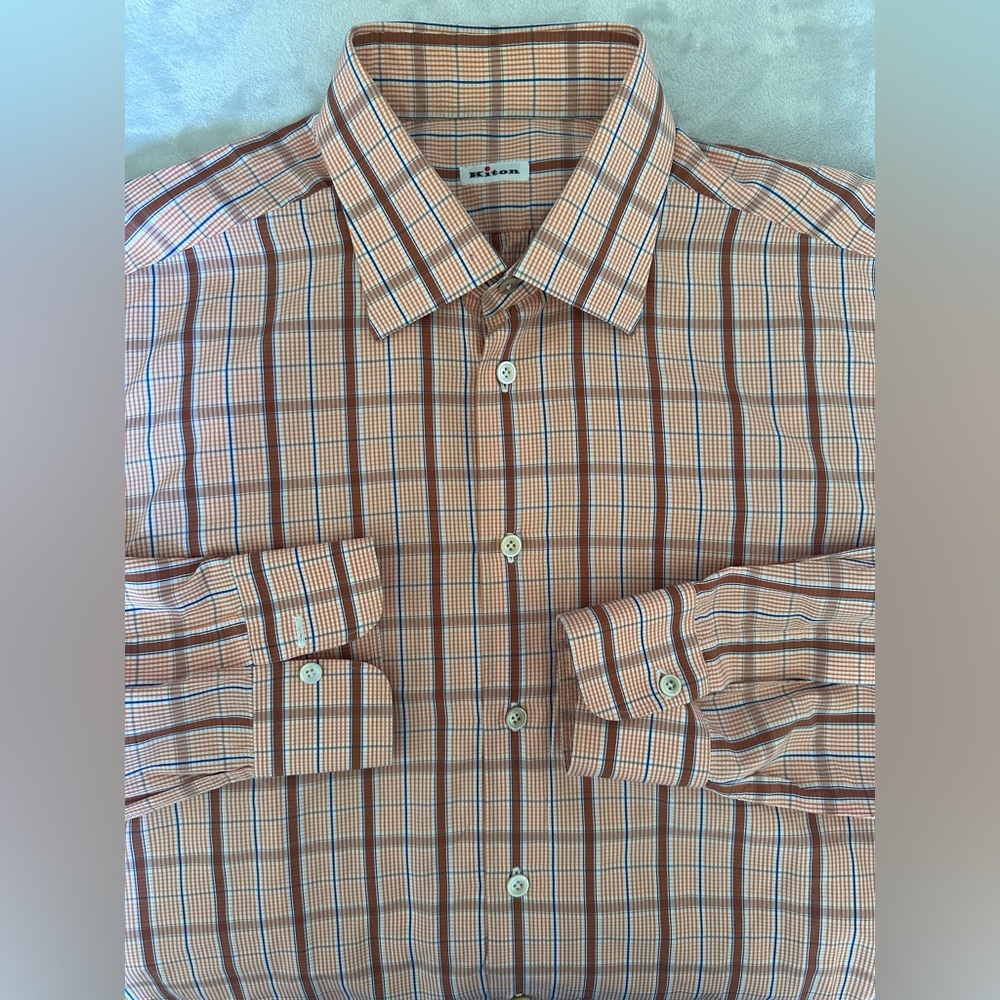 Kiton Multicolor Check Orange Plaid Men's Men’s Dress Shirt Size 18.5-46